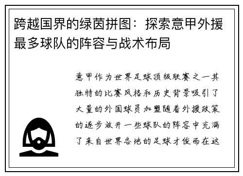 跨越国界的绿茵拼图：探索意甲外援最多球队的阵容与战术布局