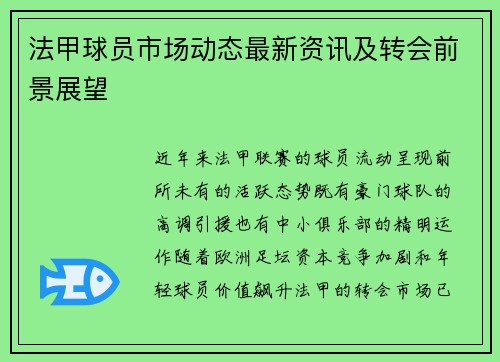 法甲球员市场动态最新资讯及转会前景展望